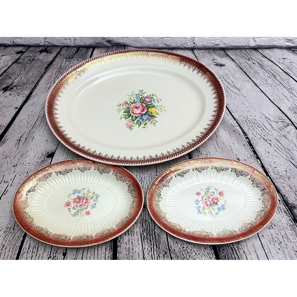 Set of 3 Rosalie  Limoges China Oval Platter and Serving Plates Gold Trim